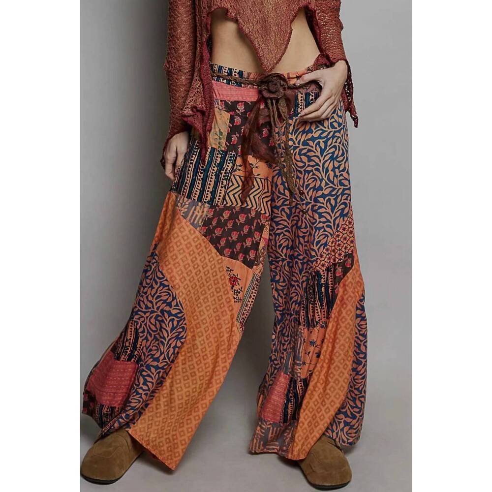 NEW POL vintage patchwork wide leg pants with pockets in orange - Picture 4 of 7